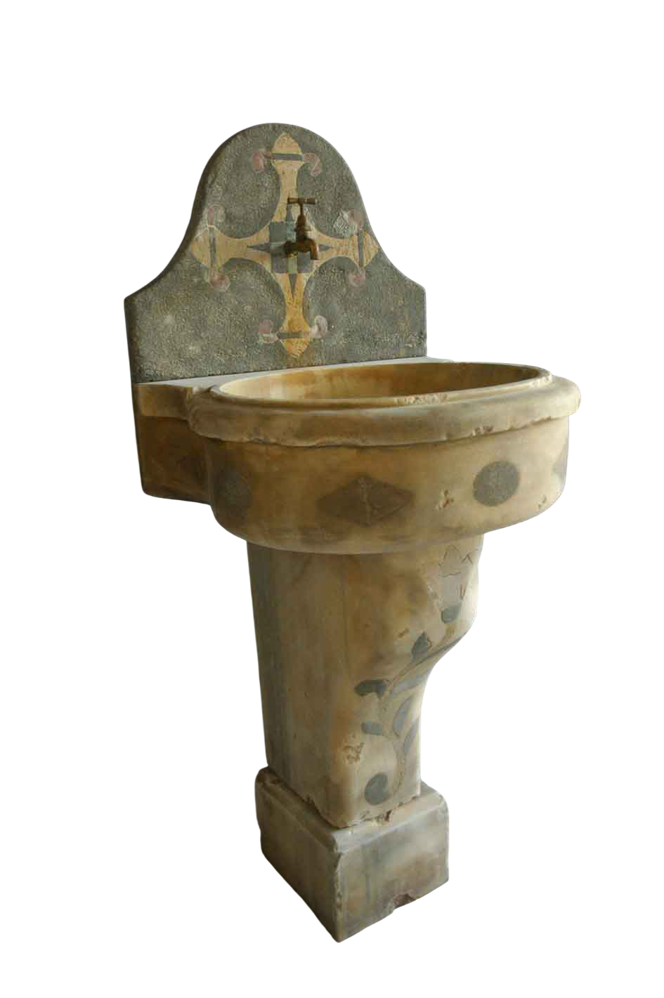 Honey toned limestone pedestal sink with a rolled rim bowl, dark lozenge inlays and an arched inlaid backsplash
