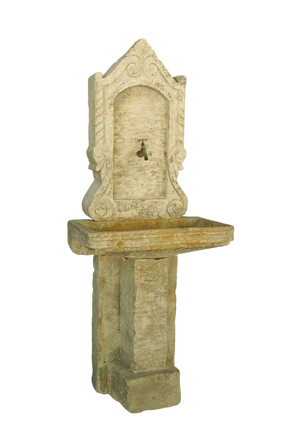 Tall carved limestone pedestal sink with a shallow moulded basin beneath an arched scrolled backplate and small spout